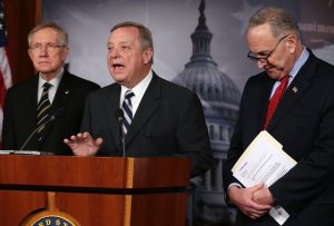 Democratic Senators Dick Durbin (c.) and Chuck Schumer (r.) are among a bipartisan group of legislators leading the comprehensive immigration reform negotiations. Photo: Mark Wilson/Getty Images 